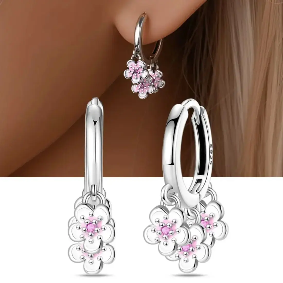 Bejeweled Flower Dangle Earrings for Women, Hypoallergenic Stainless Steel Huggie Hoops for Sensitive Ears and Wedding Occasions, Female, Flowers