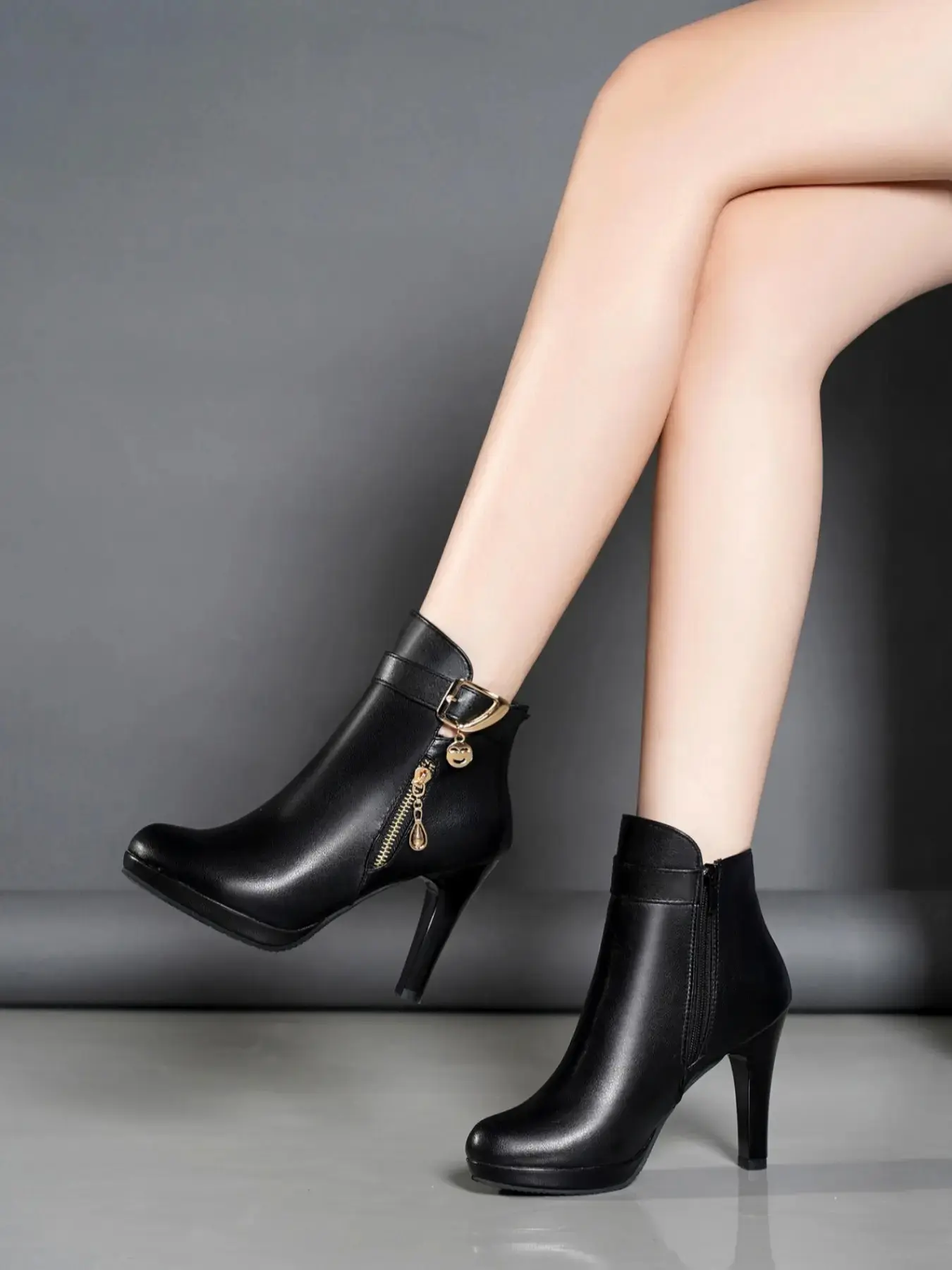 Women's ankle boots, Heeled ankle boots with buckle strap, pendant, side zipper decoration, and stiletto heel. Side-zipper fashion boots suitable for weddings, holidays, parties, and everyday wear
