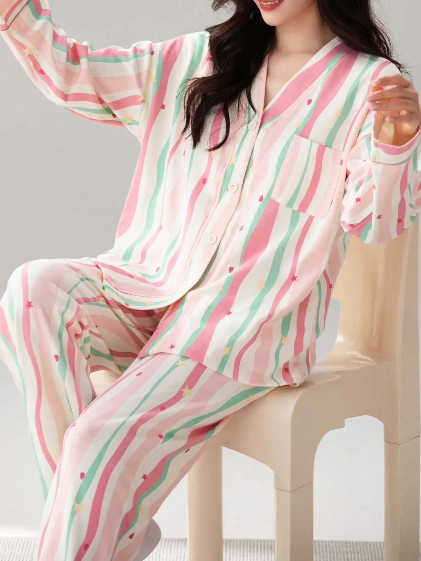 Women's V-Neck Sleepwear Set, Spring Long Sleeve Top and Pants, Soft Comfortable Home, 2-Piece Loungewear Pajama Set for Ladies