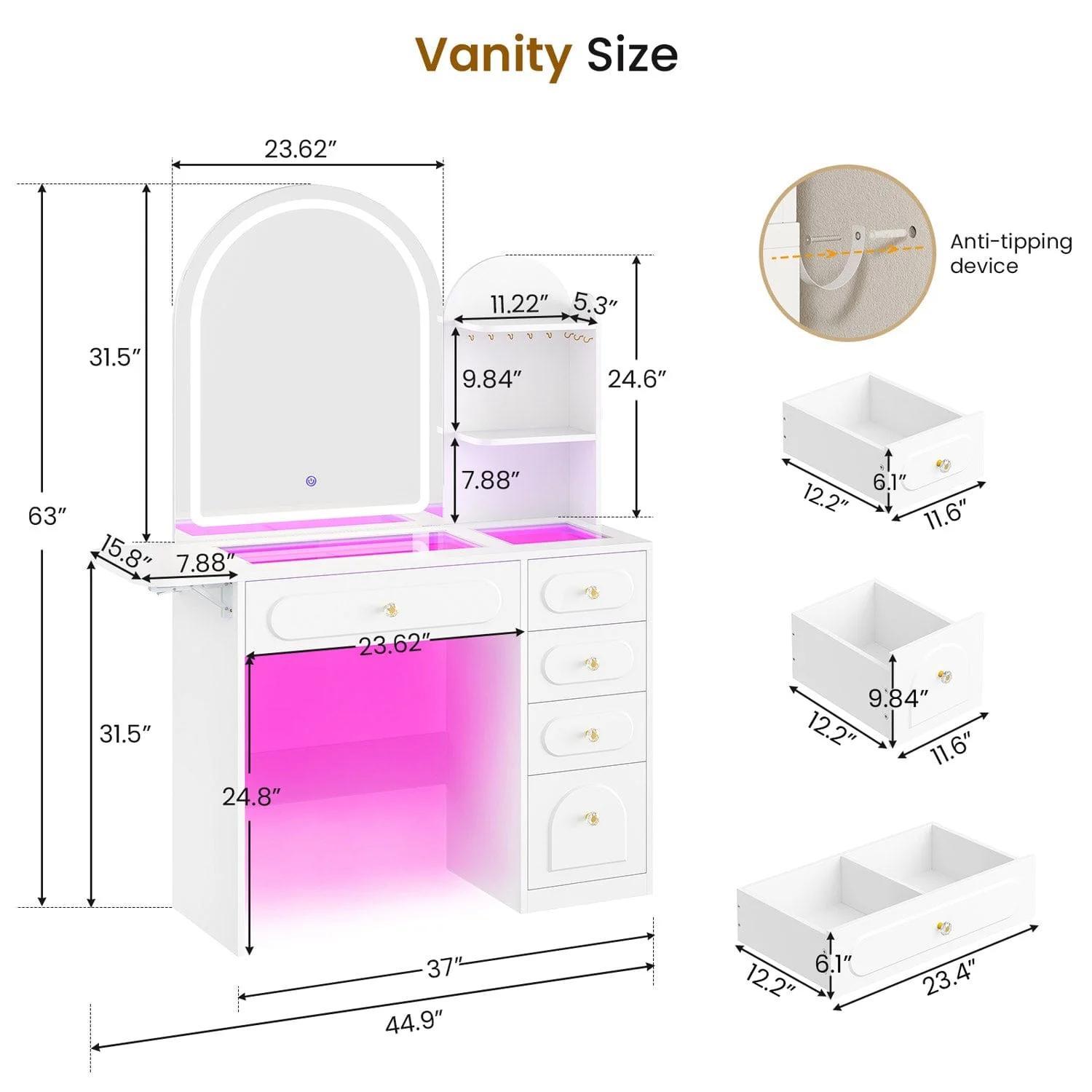 Arched Makeup Vanity with LED Lighted Mirror and Charging Station White