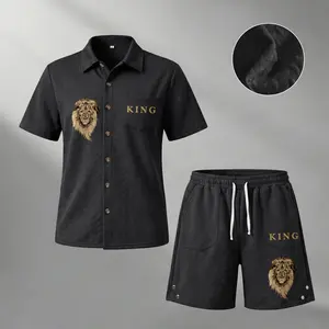 Men's Casual Lion & KING Graphic 2-Piece Set, Waffle Knit Button-Up Shirt and Shorts for Summer Resort Style, Menswear, Clothes