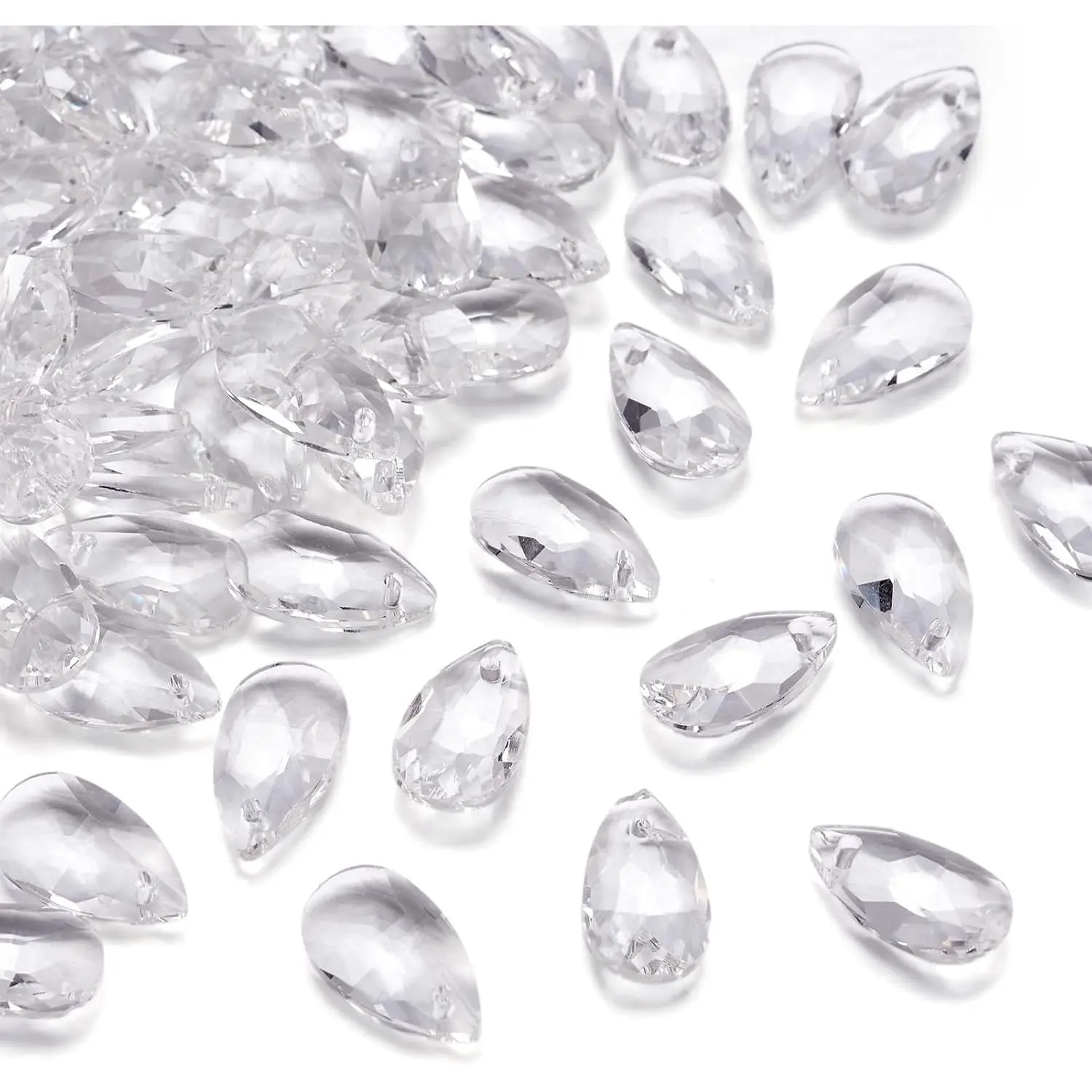 100 count Faceted Dorp Glass Bead Charms Clear  Teardrop Beads Top Drilled Shape Chandelier Dangle Pendants for Jwewelry Making Garden Suncatcher