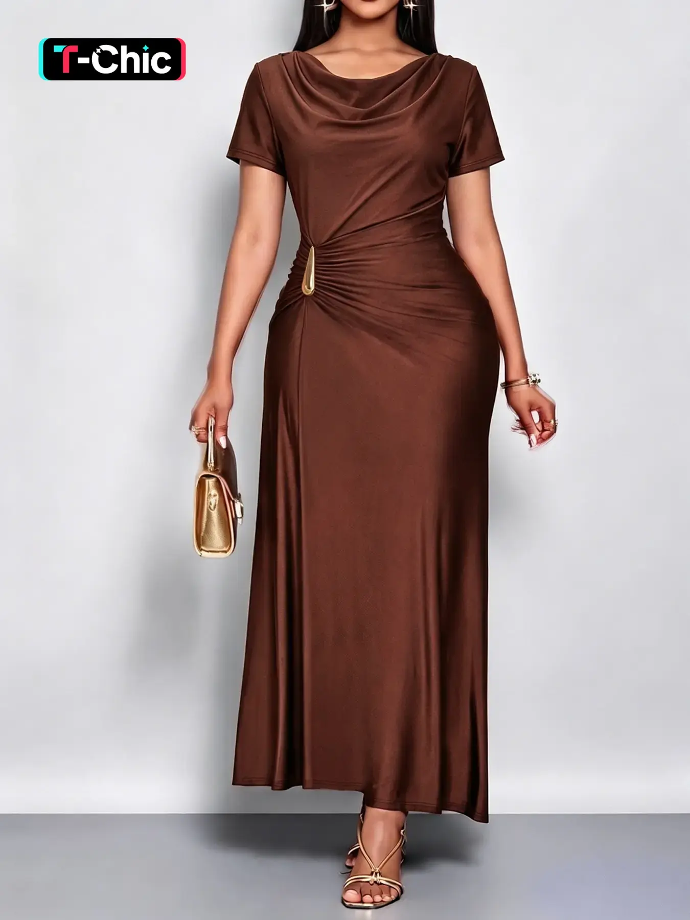 Elegant Camel Color Long Dress, Short Sleeve, Plain Pattern, Soft Elastic Fabric, Side Metal Buckle, Perfect for Office, Dinner, Date, Photo Shoot