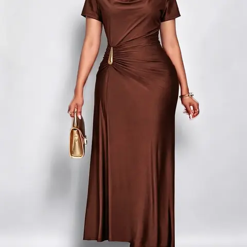 Elegant Camel-Colored Short-Sleeve Solid Maxi Dress, Soft Stretch Fabric with Metal Waist Accent, Perfect for Office, Dinner, Date Nights, and Photo Shoots