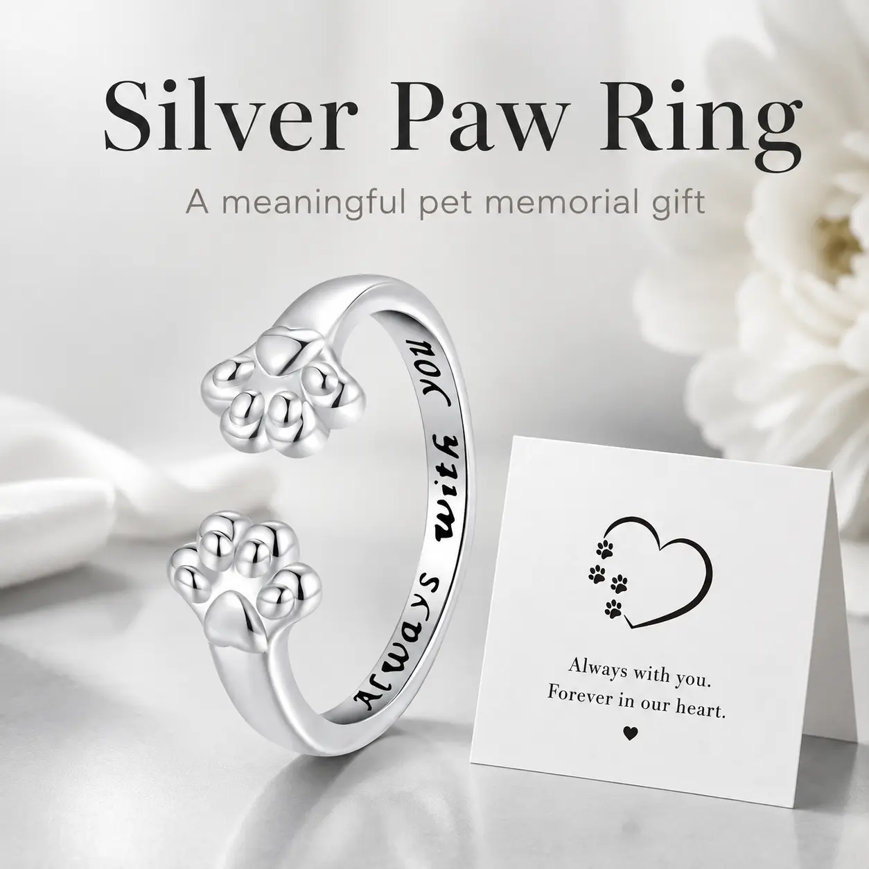 Paw Hug Open Band Ring - Hypoallergenic Metal, Adjustable Paw Print Shape, Minimalist Basic Durable Design, Ideal Birthdays Gifts for Pet Owners, Size Us 7-9