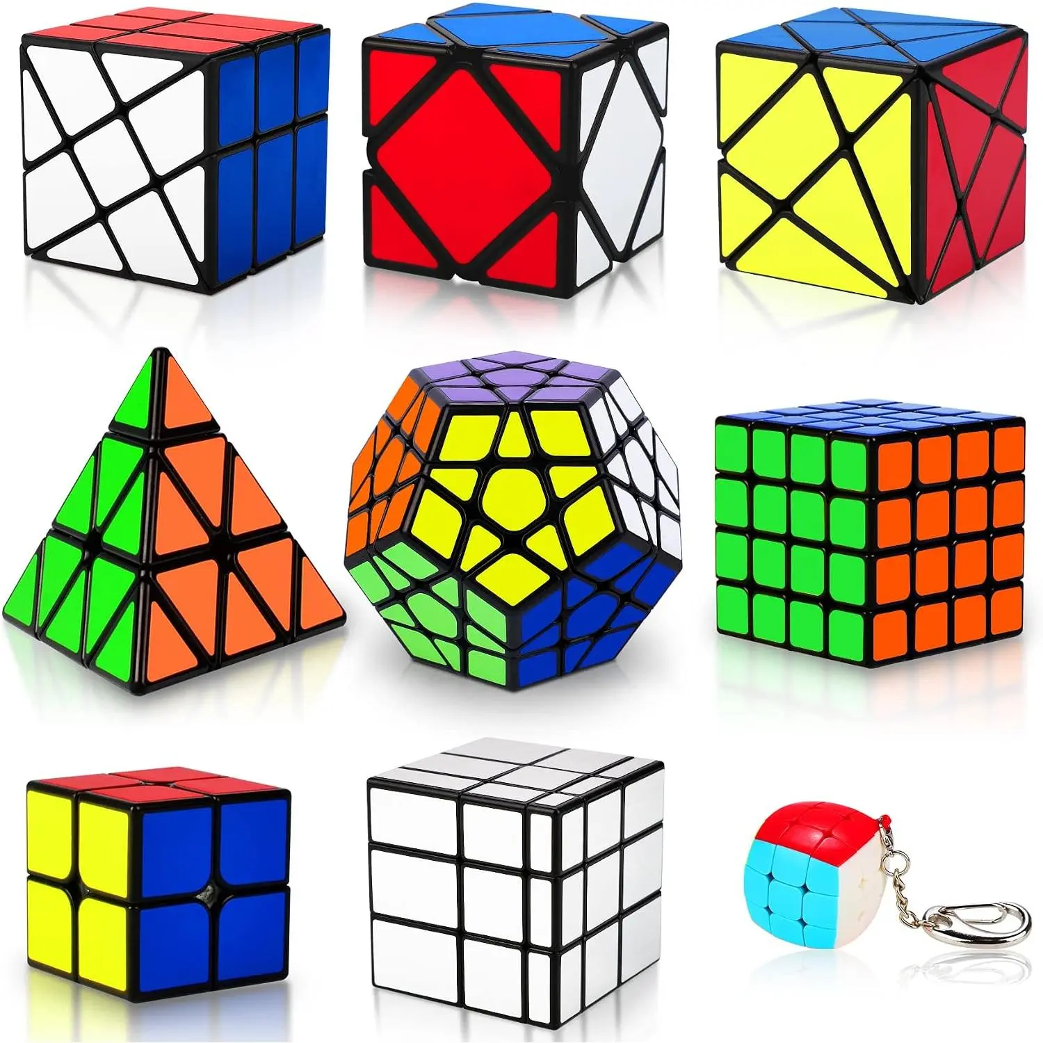 9 Pack Speed Cube Set, Magic Puzzle Cubes Including Pyraminx Pyramid, 2x2, 3x3, 4x4, Megaminx, Mirror, Mini 3x3, Skewb, Fenghuolun, Puzzle Toy for Kids & Adults