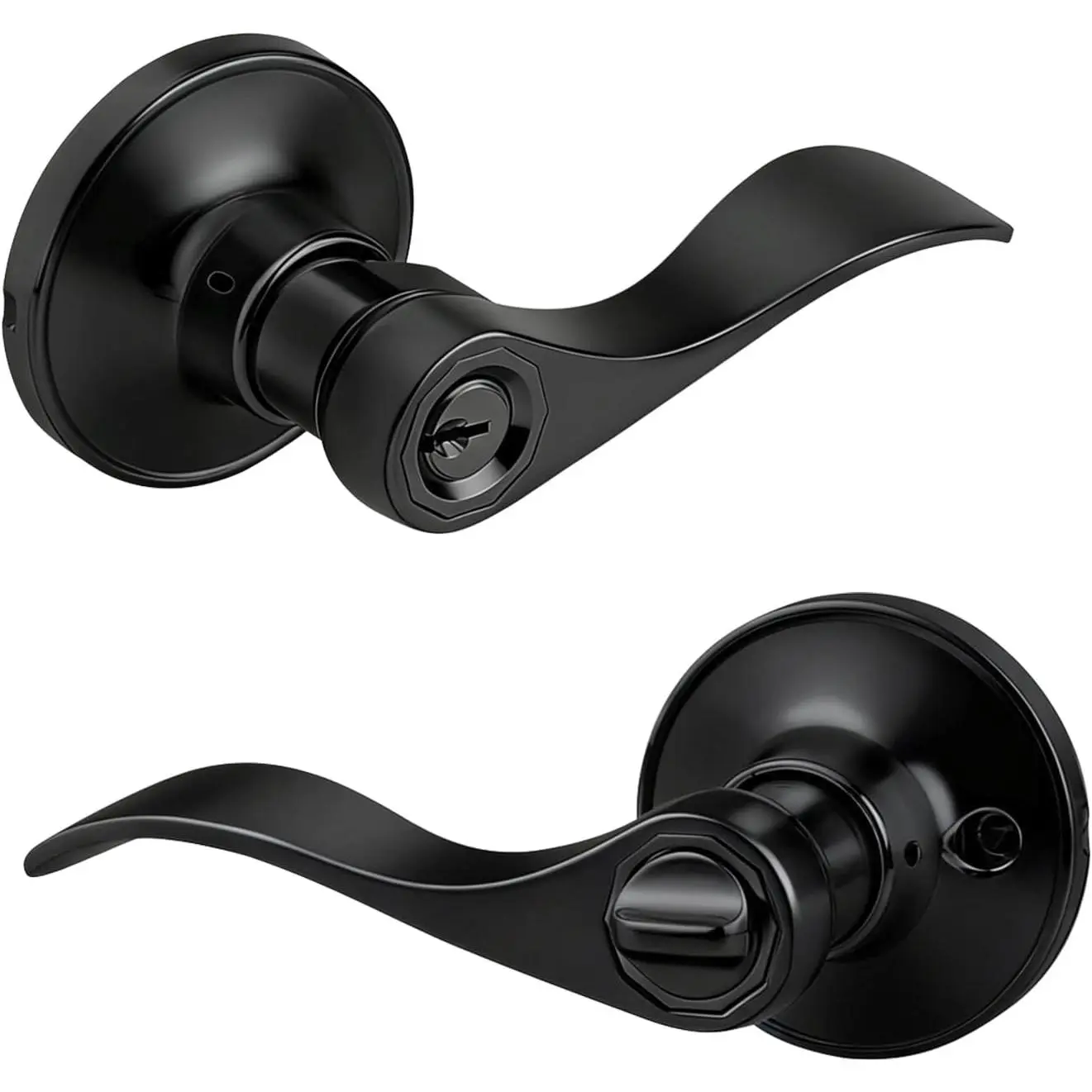 1 Pack Zinc Alloy Keyed Entry Wave/Drop Style Door Lever Handle - ANSI Grade 3 Matte Black Lock + Key for Exterior/Interior Doors, Exterior Doors