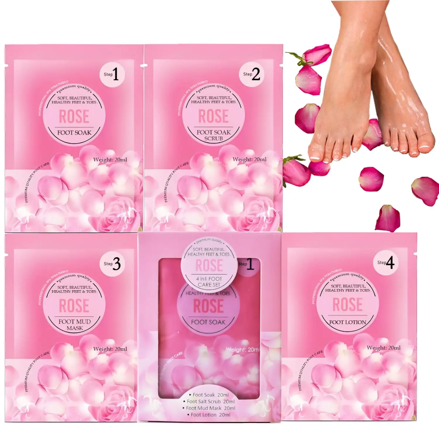 Rose Jelly Foot Care Set - Foot Bath Salt Scrub, Intensive Softening Exfoliating Moisturizing Mud Mask, Urea Cream, Unisex, Foot Spa Gift: Beauty and Personal Care