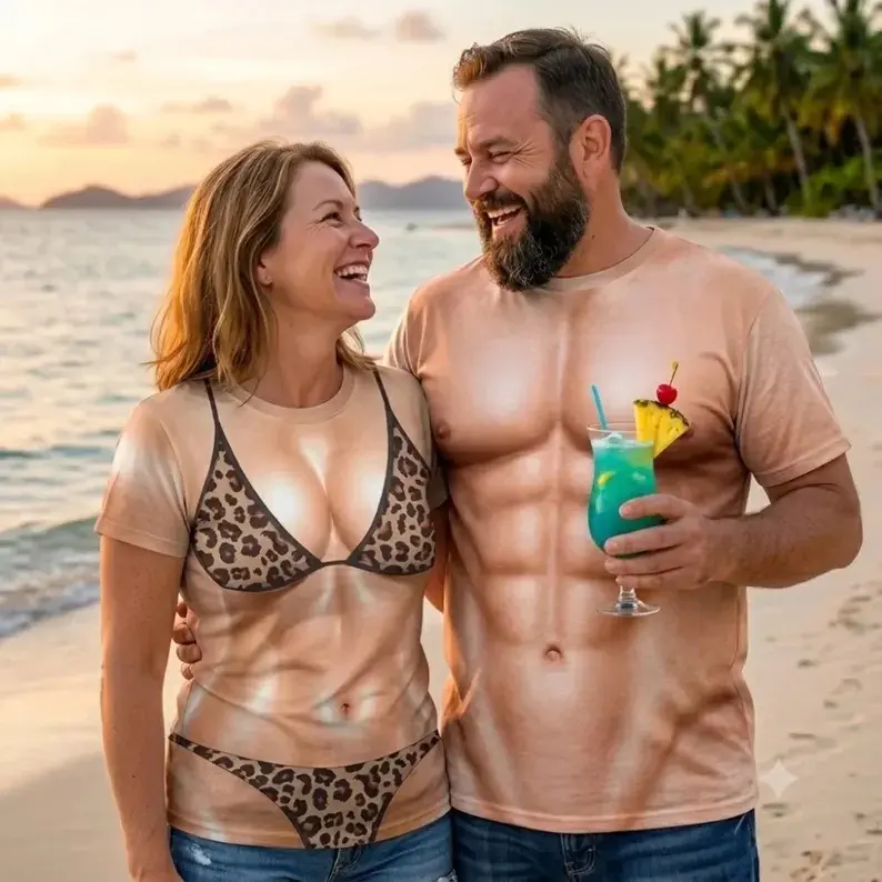 Funny Couple Print Shirts, Beach Vacation Gag Gift, Matching Shirts For Husband Wife,Funny 3D Fake Muscle Bikini Print T‑Shirt, Custom Skin Tone & Top Pattern, Couple Prank Tee For Beach Party #   TikTokMadeMeBuyIt #   TikTokShop #   Funny Shirt #   Gifts