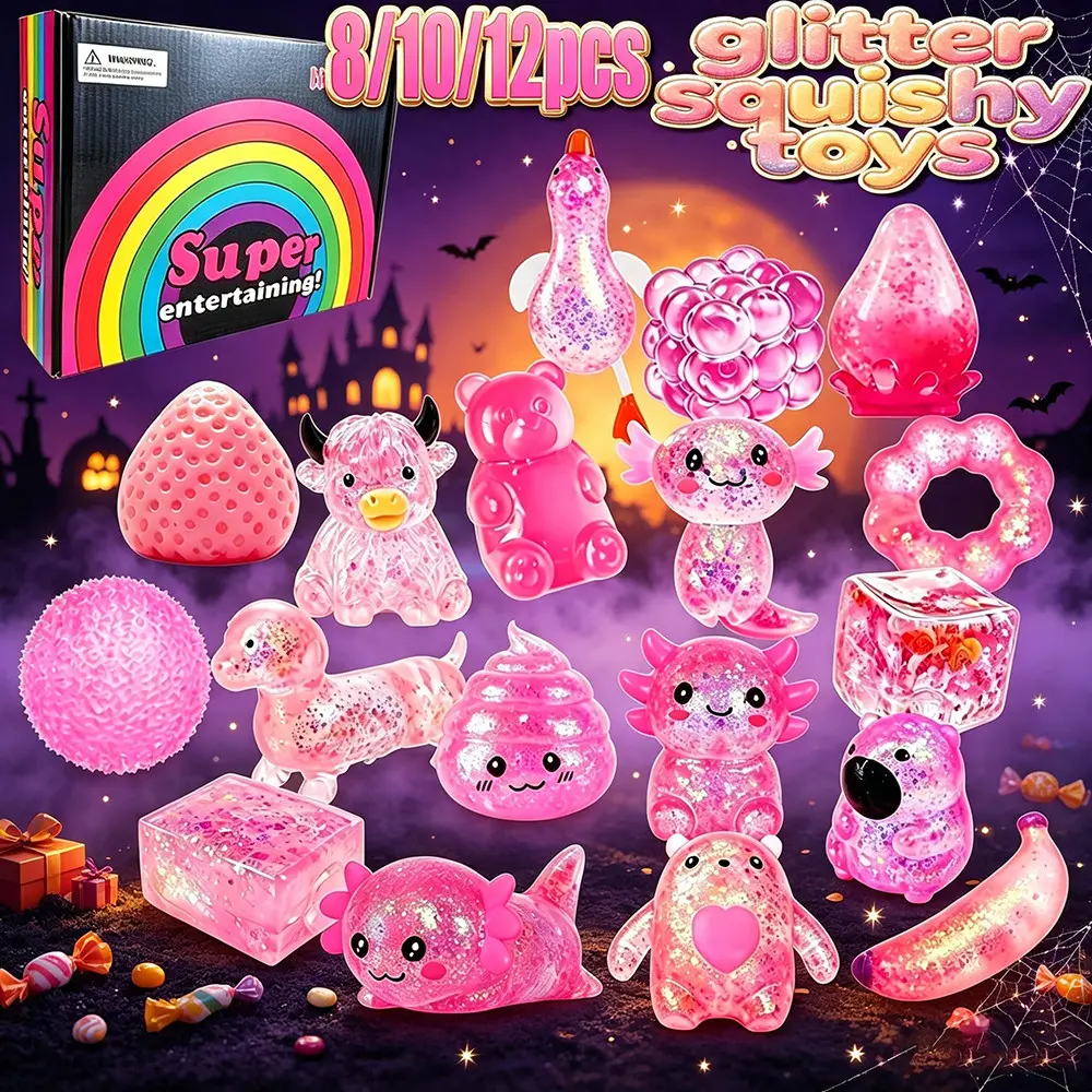 8/10/12-Piece Pink Glitter Squishies, Soft Squeeze Sensory Fidget Toys, Cute Animal Stress Relief Toys, Rainbow Gift Box for Kids, Party Favors