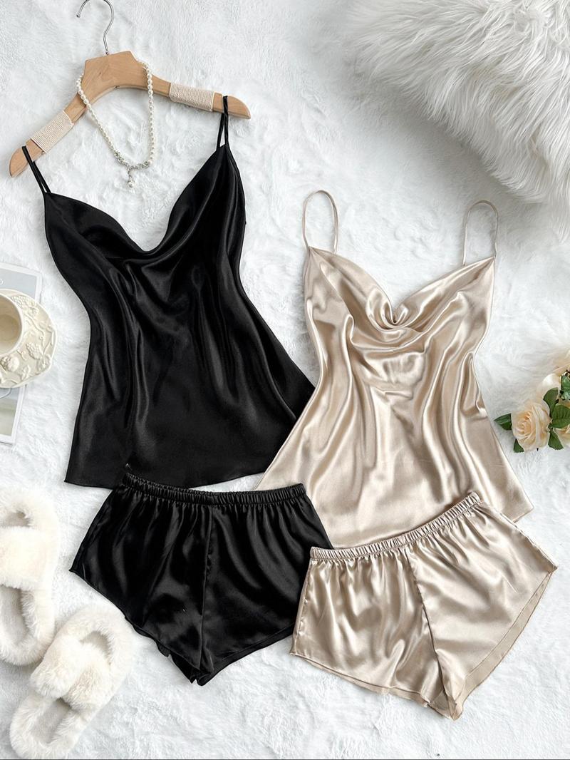 Four-Piece Set Women's Solid Draped Pyjama Set, Casual Spaghetti Strap Cami Top & Shorts, Comfy Loungewear Set for Women Lingerie