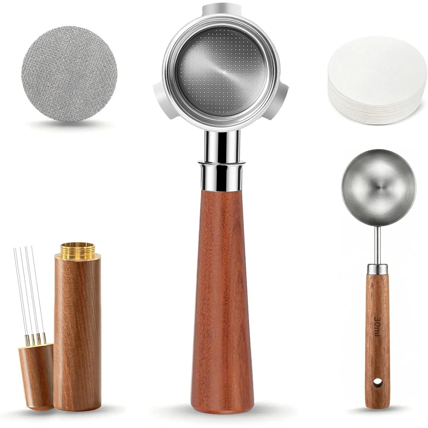 Stainless Steel 54mm 3-Ear Bottomless Coffee Portafilter Infuser Kit (5-Piece) for Home, Breville/Sage Barista Express, Pro, Touch, Bambino – Rosewood Handle, WDT Tool, Puck Screen, Filter Papers, Scoop | Housewarming, Holiday, Birthday Gifts, Reusable, H