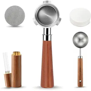 Reusable Steel 54mm 3-Ear Bottomless Coffee Portafilter, 5-Piece Espresso Kit with WDT Tool, Puck Screen, Filter Papers & Scoop, Rosewood Handle Compatible with Breville/Sage Barista Express, Pro, Touch, Bambino