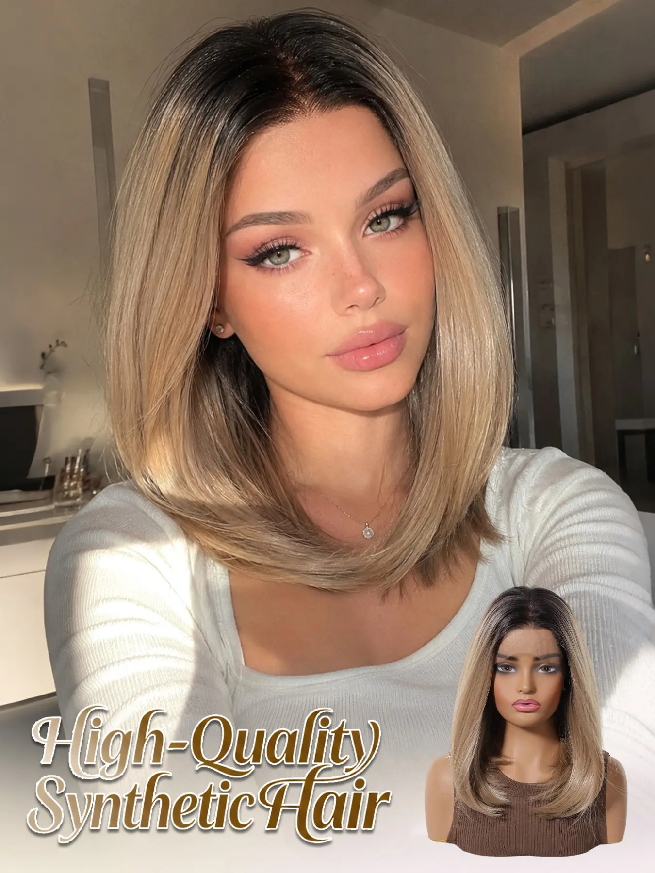 Topshe Classic Bob Hairstyle, 13x6 Large Lace Gradual Milk Tea Gold Straight Bob, 14 Inches, Perfect for Daily Commute and Dates