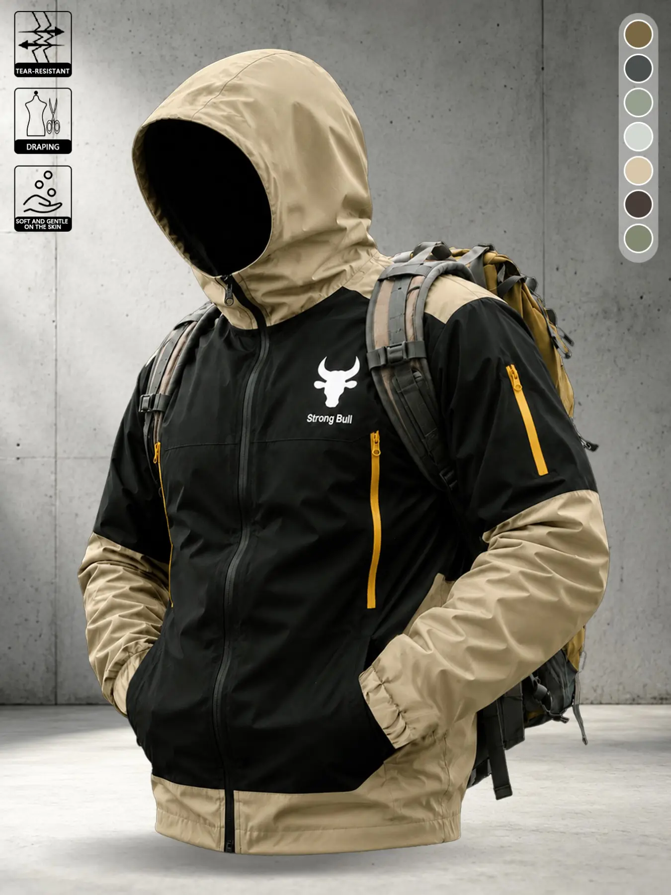 Men's Bull Head Logo Colorblock Hooded Jacket, Functional Style, Streetwear Workwear, Elastic Sleeves, Portable Outdoor Top