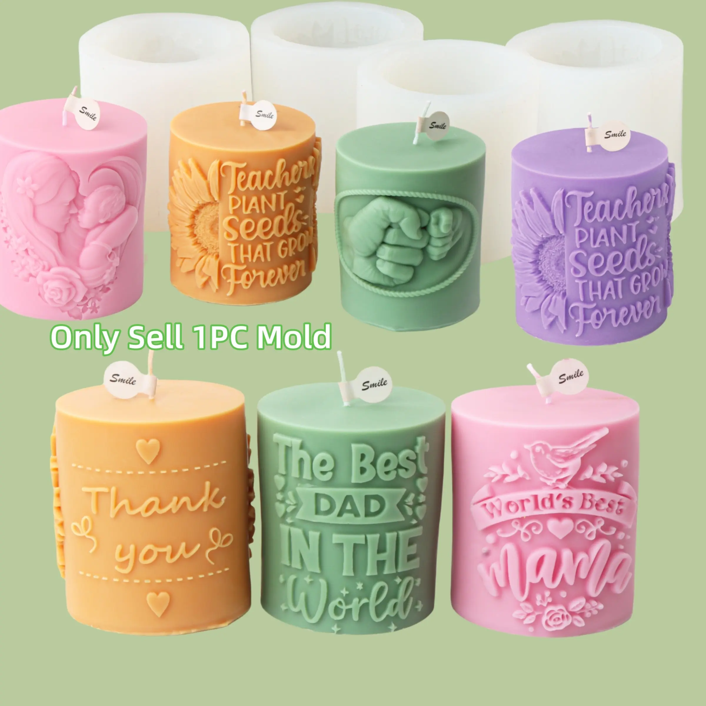 1PC New Desiagn Thanksgiving Best Mam Dad Letter Cylinder Pillar Silicone Candle Mold Relief Sunflower Mom Holding Baby Column Resin Plaster Mold Mother's Day Teacher Unique Gift