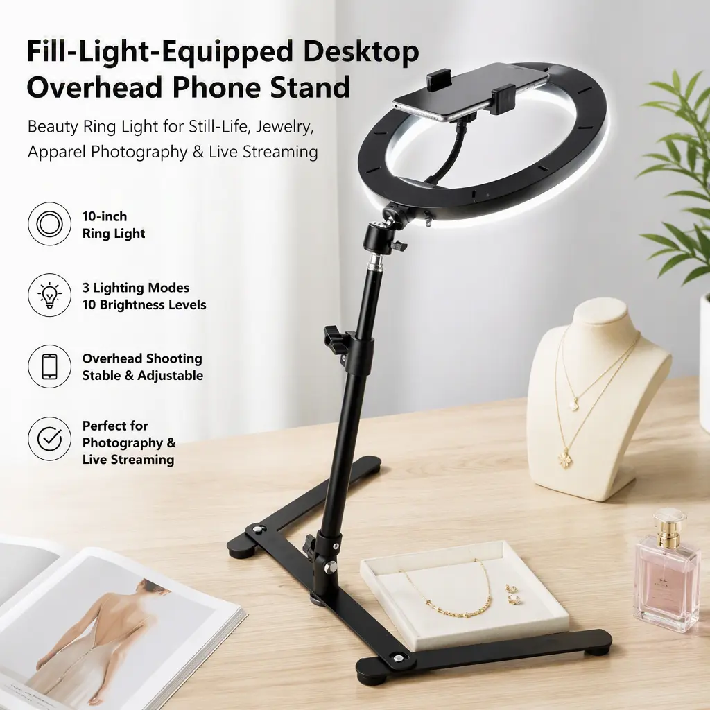 Overhead Phone Mount with Beauty Ring Light, Desktop Shooting Stand for Jewelry, Clothing, Still‑Life Photography and Live Broadcast