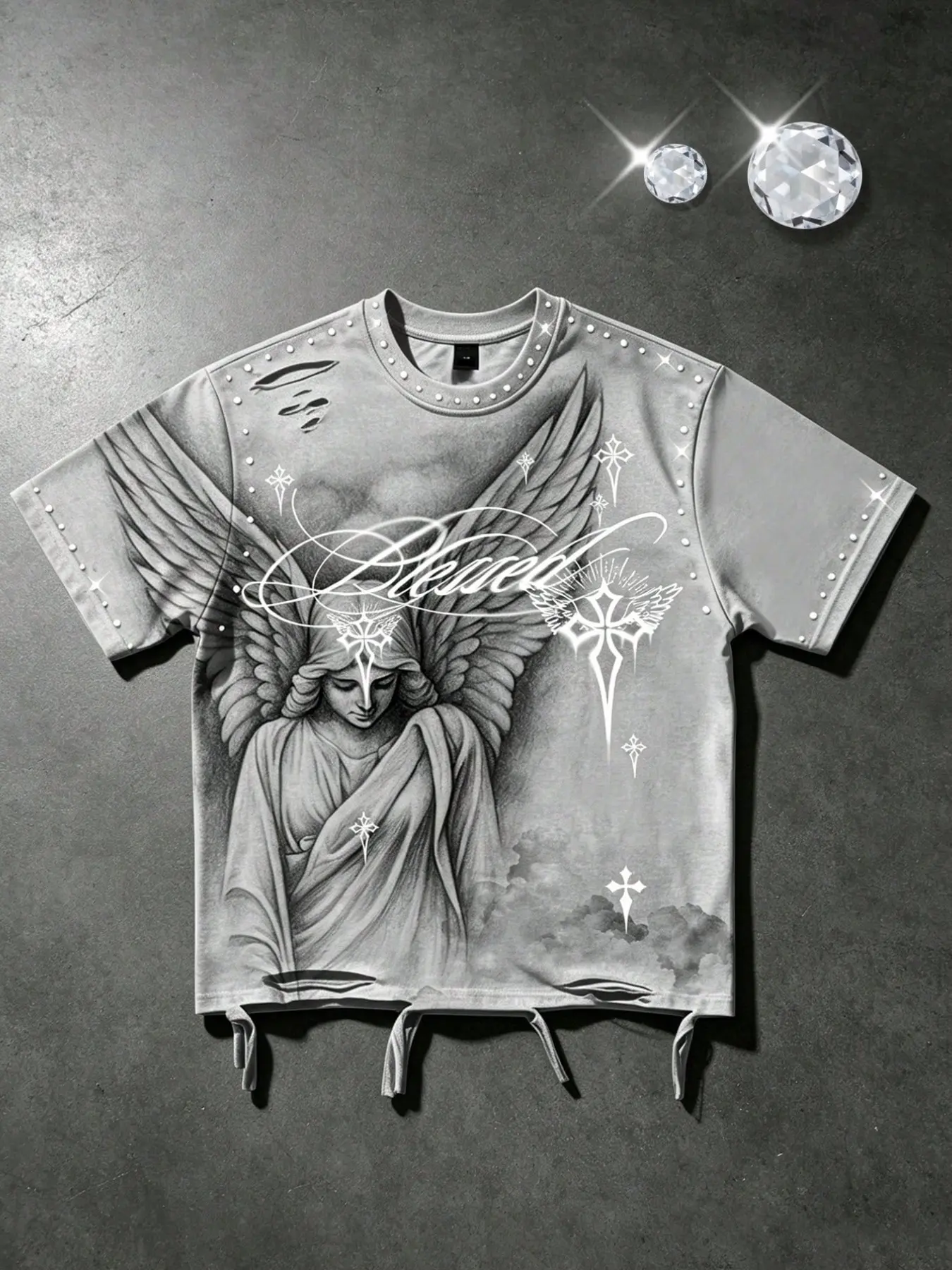 Y2K Cross Angel Woman Like Wings Sketch Distressed Ripped Cotton Men's T-Shirt Rhinestone Short Sleeve Women, Blessed Floral Cross Star Decorative Print Men's Short Sleeve Hole Cut Short Sleeve Women's Shirt Casual Street Fashion Trendy Brand Retro Style