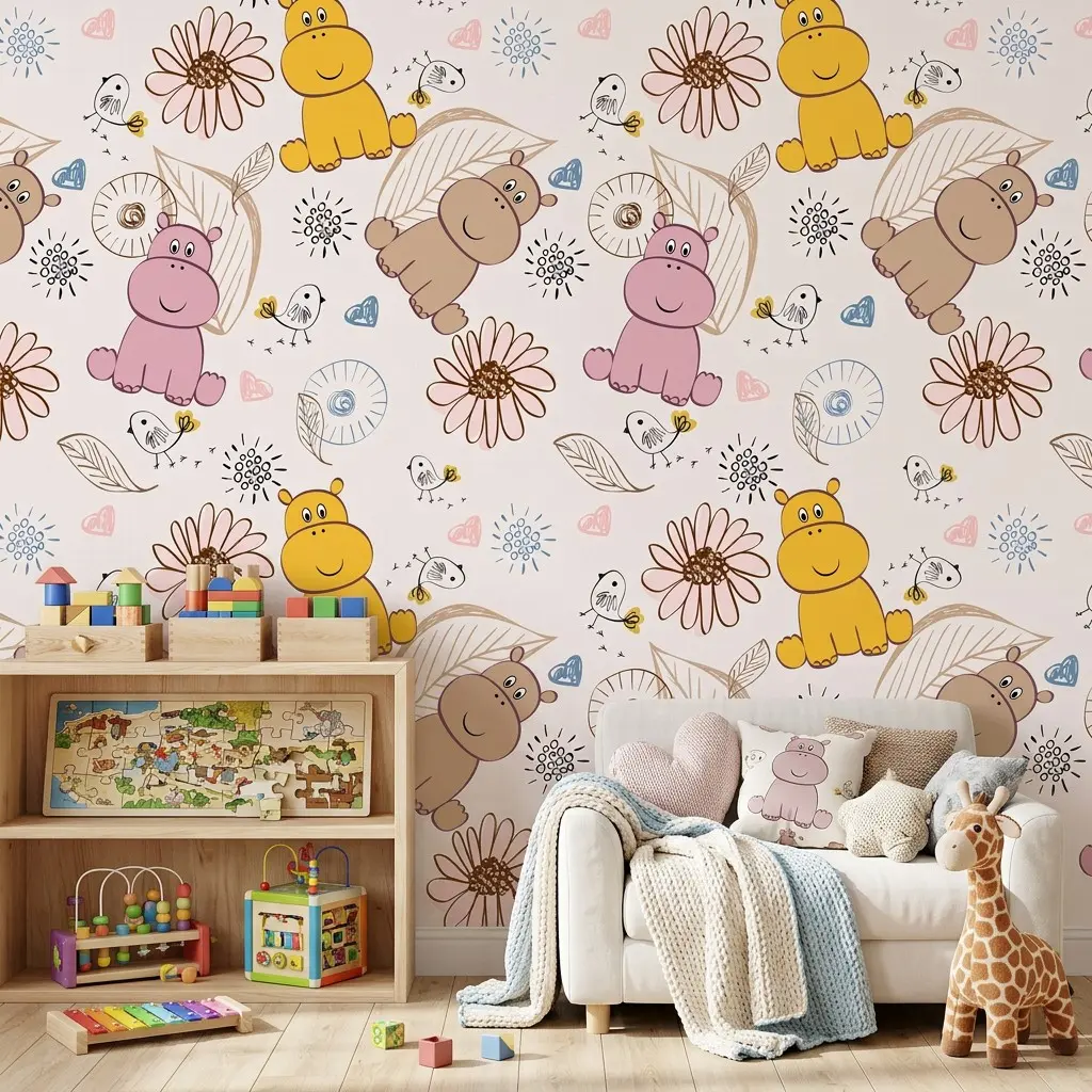 1 Roll 17.5in Width Cute Cartoon Hippo Bird Floral Peel and Stick Wallpaper, Waterproof Easy to Cut Removable Wall Decals for Kids Room Bedroom Playroom Bathroom Furniture Wall Home Decor