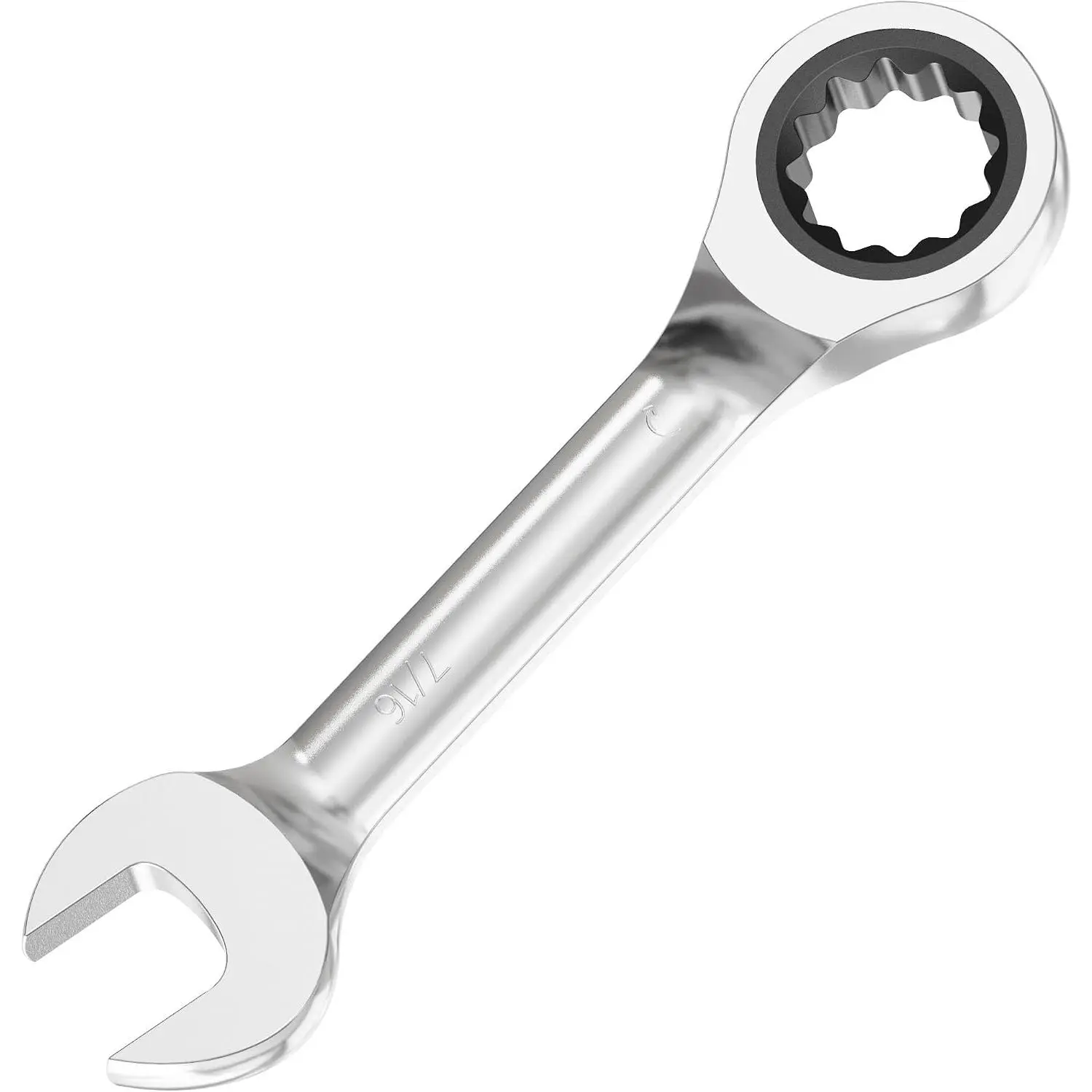7/16" SAE Anti-slip Stubby Ratcheting Combination Wrench, 72-12 Point Ratchet Box + Open Ends Spanner Tool, Heat-Treated Chrome Vanadium for Tight Spaces