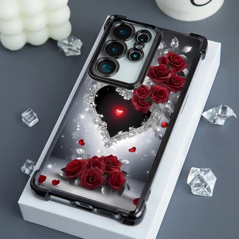 Heart Rose Pattern Phone Case for iPhone 17 Pro Max 16 15 Plus 14 13 12 11 Pro, Four Corners Airbags Shockproof Transparent Soft Back Casing