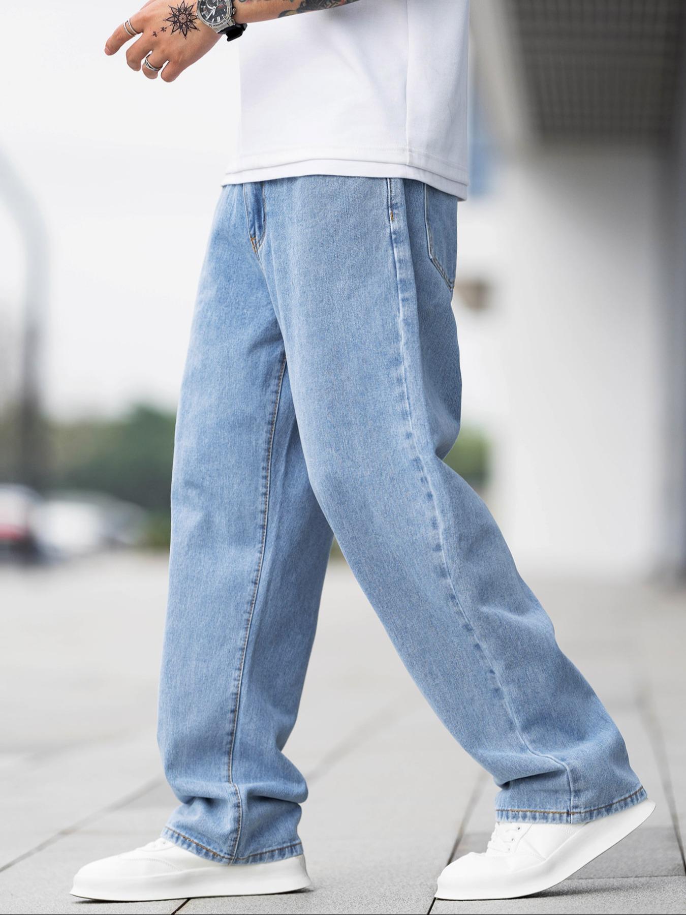 Men's Solid Color Wide Leg Jeans, Loose Casual Comfy Denim Trousers for Daily Wear, Fashion Men's Bottoms for All Seasons