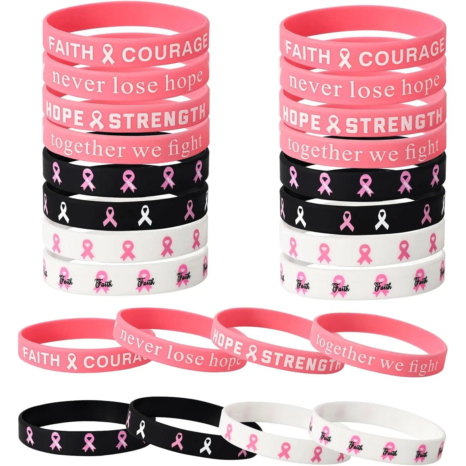 24 count Breast Awareness Wristbands, 8 Style Elastic   Ribbon Bracelets with Hope Faith Strength Courage Inspiring Words for Women Charity Social Welfare Event