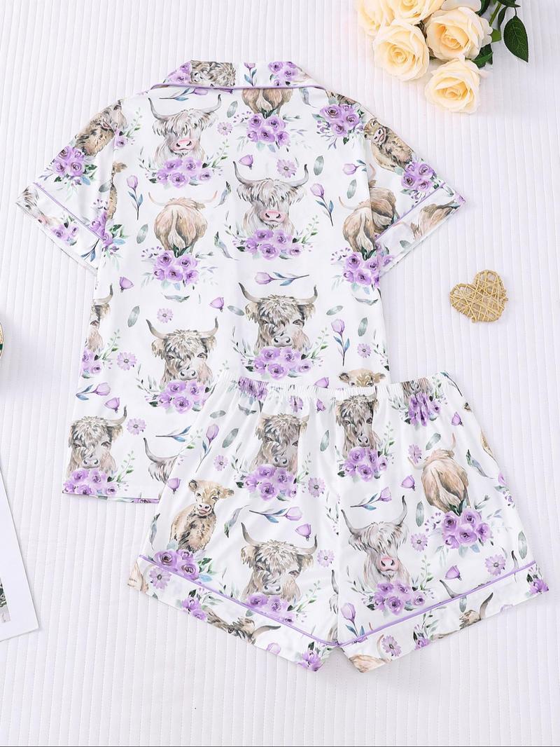 Women's All-Over Cow-Print Contrast-Trim Shirt & Elastic-Waist Shorts Pajama Loungewear Set, Casual Comfy Short Sleeve Collared Top & Shorts PJ Two-Piece Set