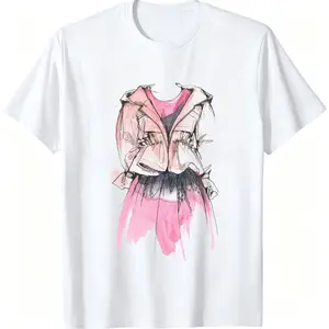 Fashion Sketch Art Crew Neck T-Shirt, Pink Jacket & Tutu Dress Illustration Graphic Tee, Stylish Feminine Casual Top, Fashion Lover Art Tee