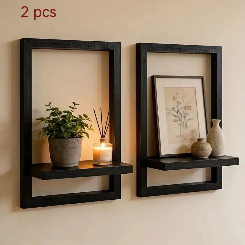 2 Floating Wall Shelves, Vintage Wooden Hanging Display Rack, Modern Space-Saving Storage Shelf, Wall Organizer for Home Decor