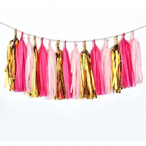 Pink and Gold Tassel Garland Paper Tassel Banner Table Decor Tissue Tassels DIY Party Decor Supplies Kits (15 PCS)