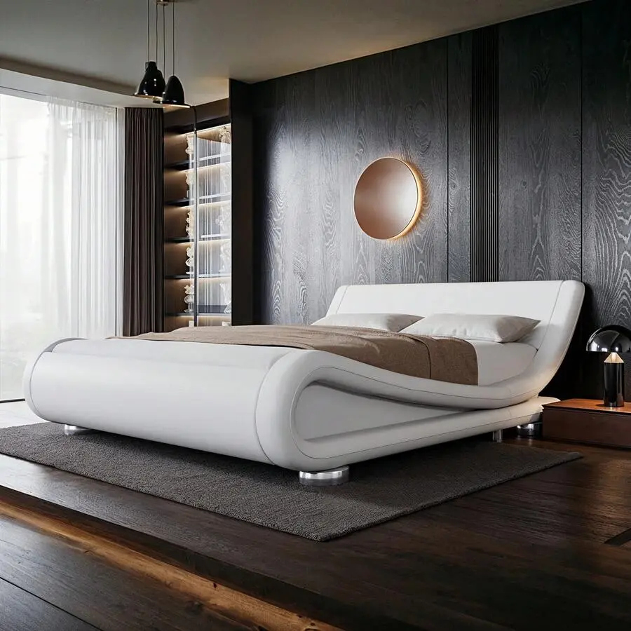Full/QueenKing Size Bed Frame With Ergonomic & Adjustable Headboard, Low Modern Upholstered Platform Sleigh Design - Easy Assembly, No Box Required, Black/White/Grey * Bed Frame Queen Queen Bed Frame Bed Frame Full Full Size Bed Frame Size Bed Frame Twin