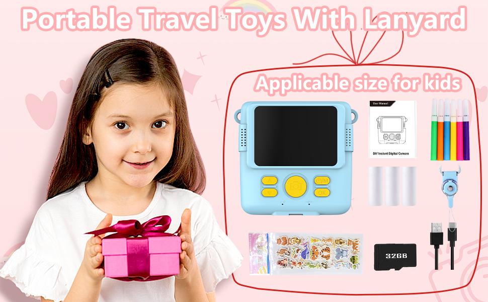 Kids' Compact Instant Print Camera - 1080P HD Digital Video Camera, 3-12 Age Christmas/Birthday Gifts, 3 Rolls Photo Paper, 32GB Card, Lanyard, Type-C USB, Colorful Pens, Large Screen, Soft Plastic Portable Toy - Blue