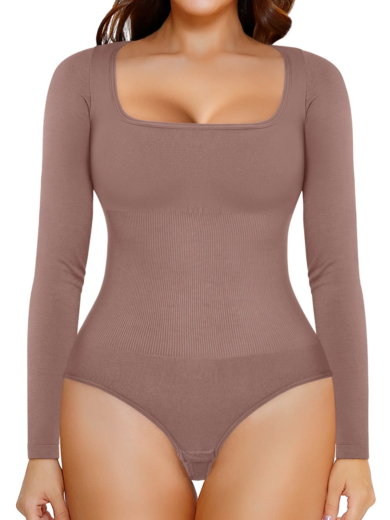 Women's Solid Square Neck Long Sleeve Seamless Smooth Underwear Shapewear Bodysuit, High Stretch Hook & Eye Closure Crotch  Tummy Control Shaper, Ladies Shapewear for All Seasons, Faja Shapewear Bodysuit