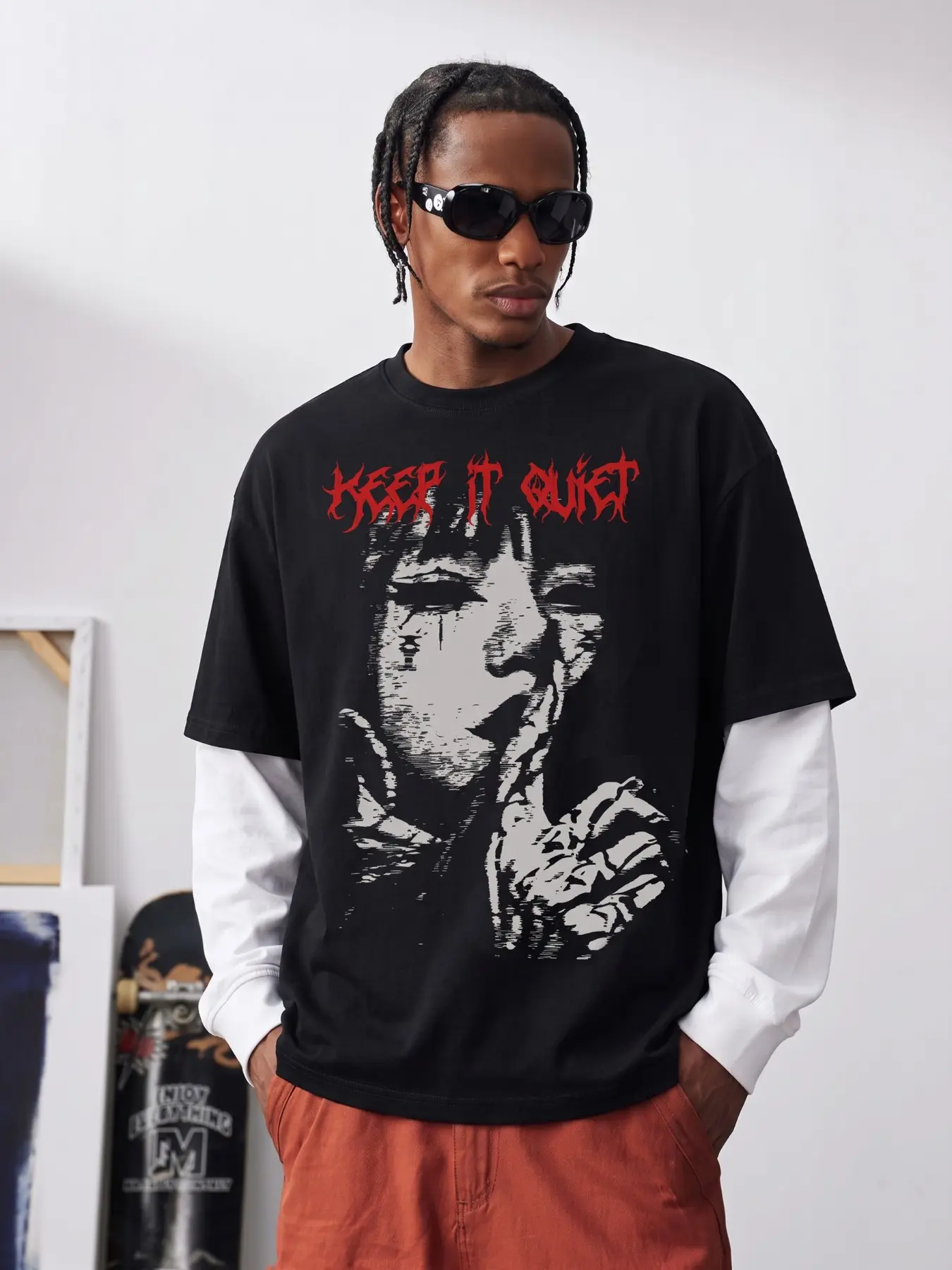 Unisex Black Fake Two Piece Long Sleeve Shirt, Dark Punk Aesthetic Keep It Quiet Silent Girl Print Oversized Tee, Alt Grunge Streetwear Top, boyfriend gifts, mens fashion, ropa de hombre, emo goth layered look long sleeve for men women