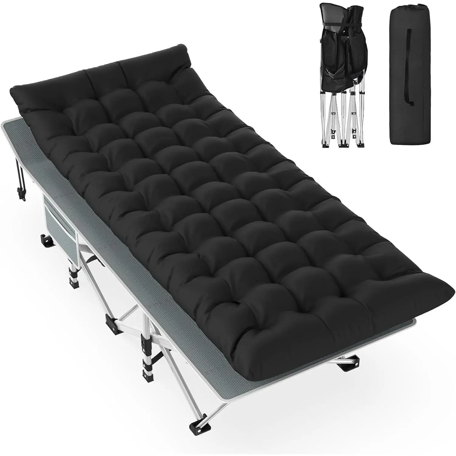 Folding Camping Cot Black, Sleeping Cot for Adults with Carry Bag, Mattress, 1200D Layer Oxford Portable Camp Bed Cot Bed for Guest Travel Office Beach