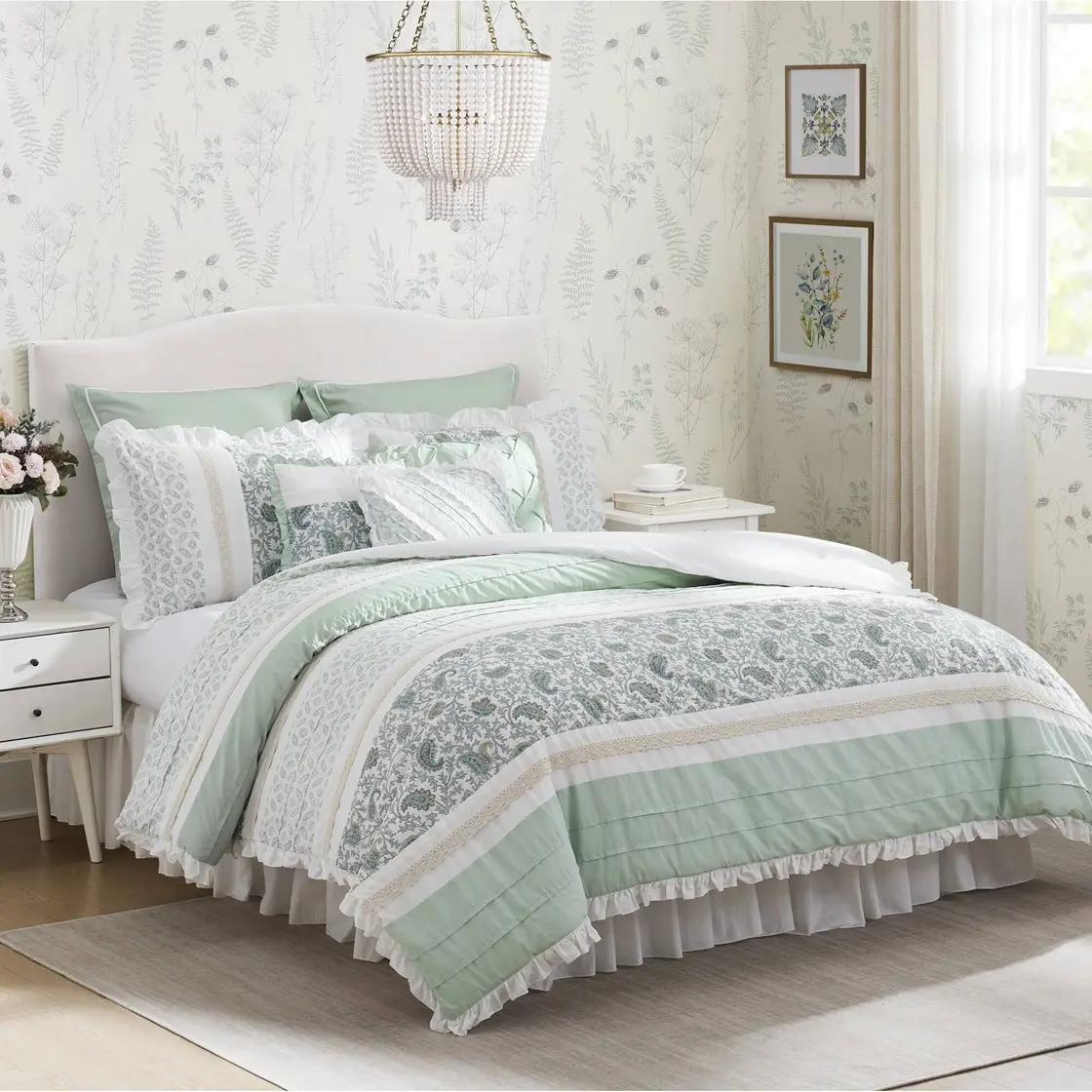 Nokaa 9 Piece Cotton Percale Comforter Set Queen Size Bedding - Aqua Shabby Chic with Pintucking, Lace Taping, Decorative Pillows, Oeko-Tex Certified