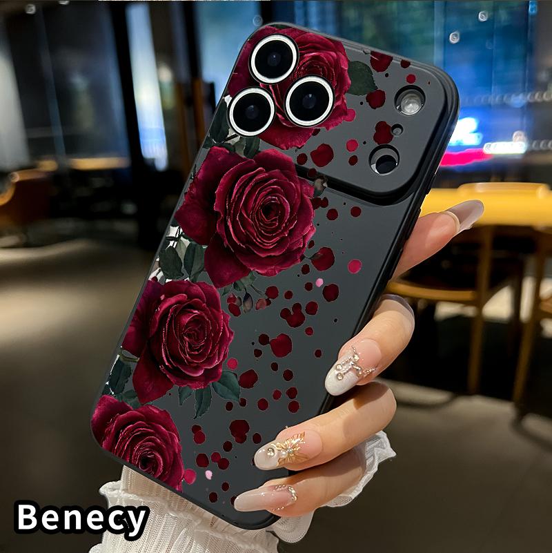 Straight Edge Phone Case for iPhone 17 15 16 14 Pro Max 13 12 11 XR XS Plus Air E Blooming Ruby Roses Pattern Drop Protection Shockproof Soft Liquid Silicone Smartphone Cover