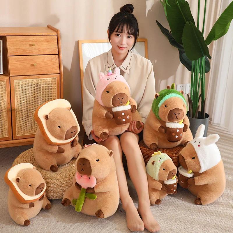 Capybara Plush Toy Simulation Capibara Unicorn Dinosaur Dress Boba Bread Fruit Food Decor Birds Bubble