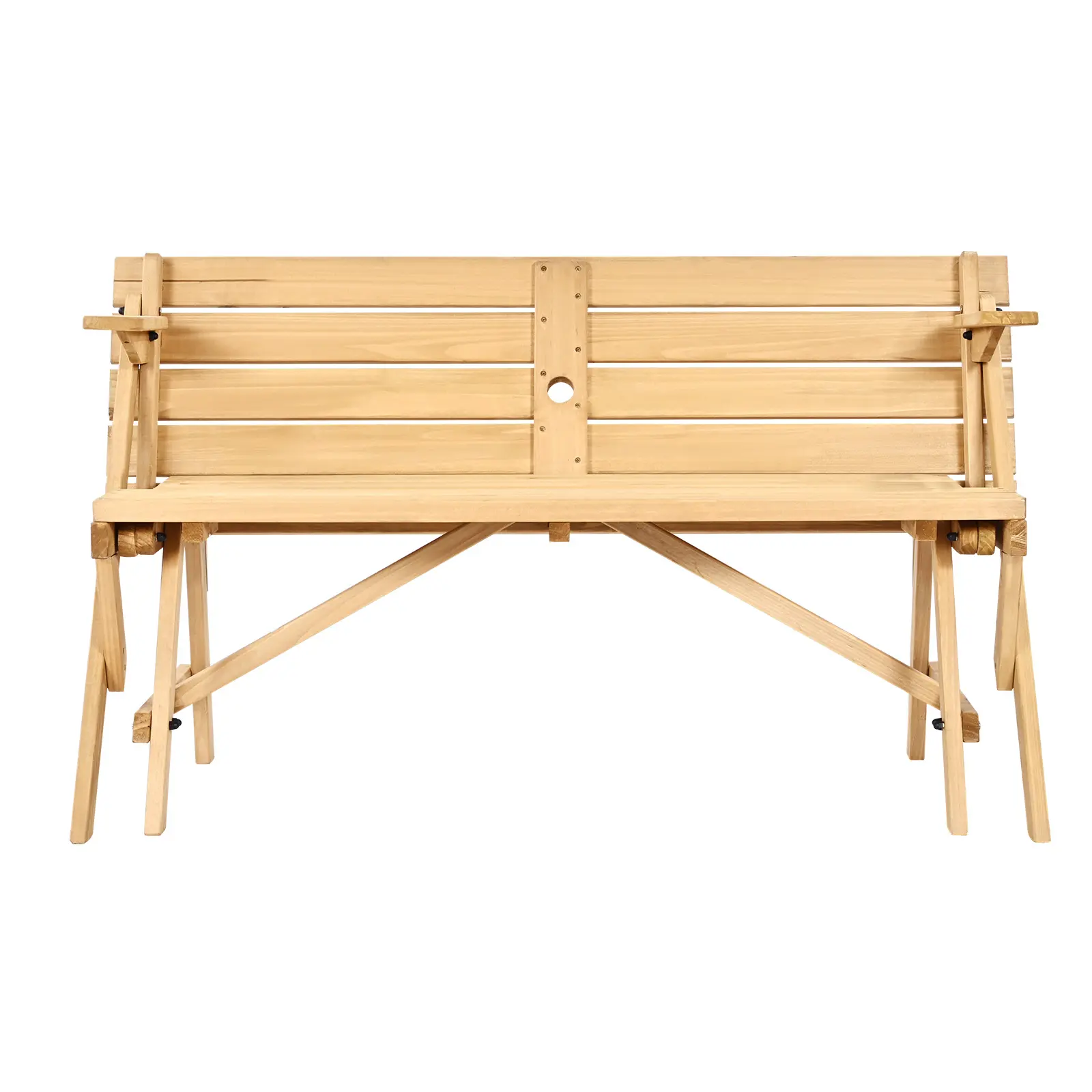 2-in-1 Transforming Interchangeable Picnic Table, Outdoor Wooden Table and Bench Set, Portable Foldable Bench with Umbrella Hole, Patio Dining Furniture for Garden, Backyard, Porch (Brown)