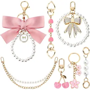 7 Pcs Purse Charms Accessories Set with Chain Extender, Cherry Flower Bow Bag Charms for Handbags