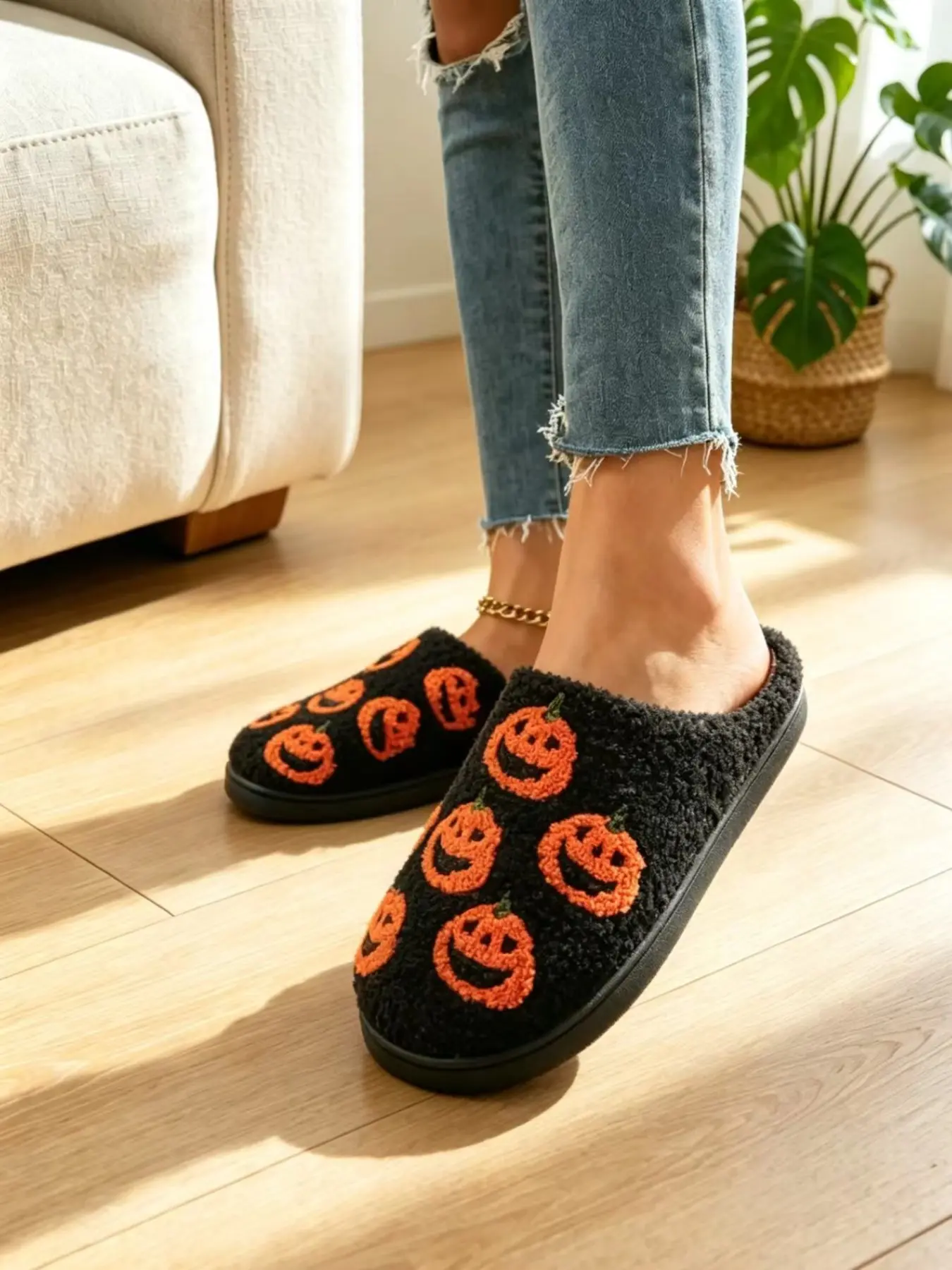 Women's Halloween Pumpkin Pattern Cotton Slippers, Soft Fuzzy Thick Sole Indoor Shoes, Non-Slip Warm Home Footwear for Fall Winter