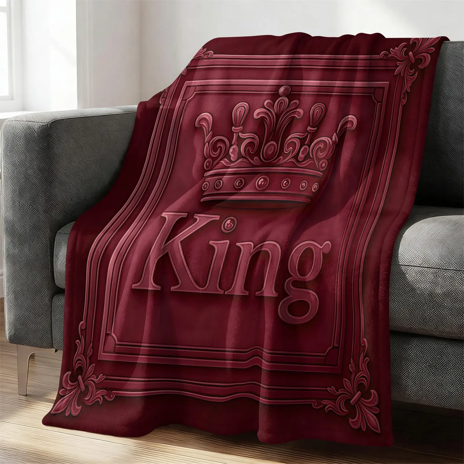 Vintage Royal King Crown Flannel Blanket, Soft Throw Blanket, Lightweight Warm Blanket, Elegant Luxury, Practical Gift Blanket for Men’s Room, Couple Bedroom, Sofa & Indoor Daily Use