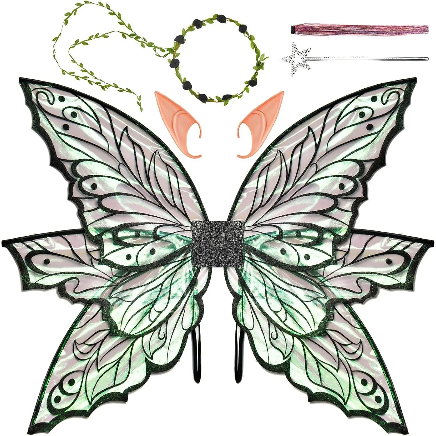 Women's Large Iridescent Shimmer Glitter Butterfly Wings (33x25in) - Fairy Costume Set with Elastic Floral Straps, Halloween Dress-Up Party Accessories, Cosplay, Halloween Party