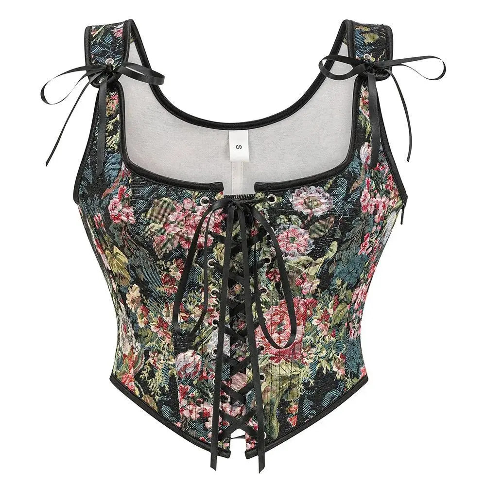 Women's Sleeveless Floral Printed Slimming Boned Bustier - Steampunk Goth Medieval Vintage Lace-Up Waist Training Corset Top