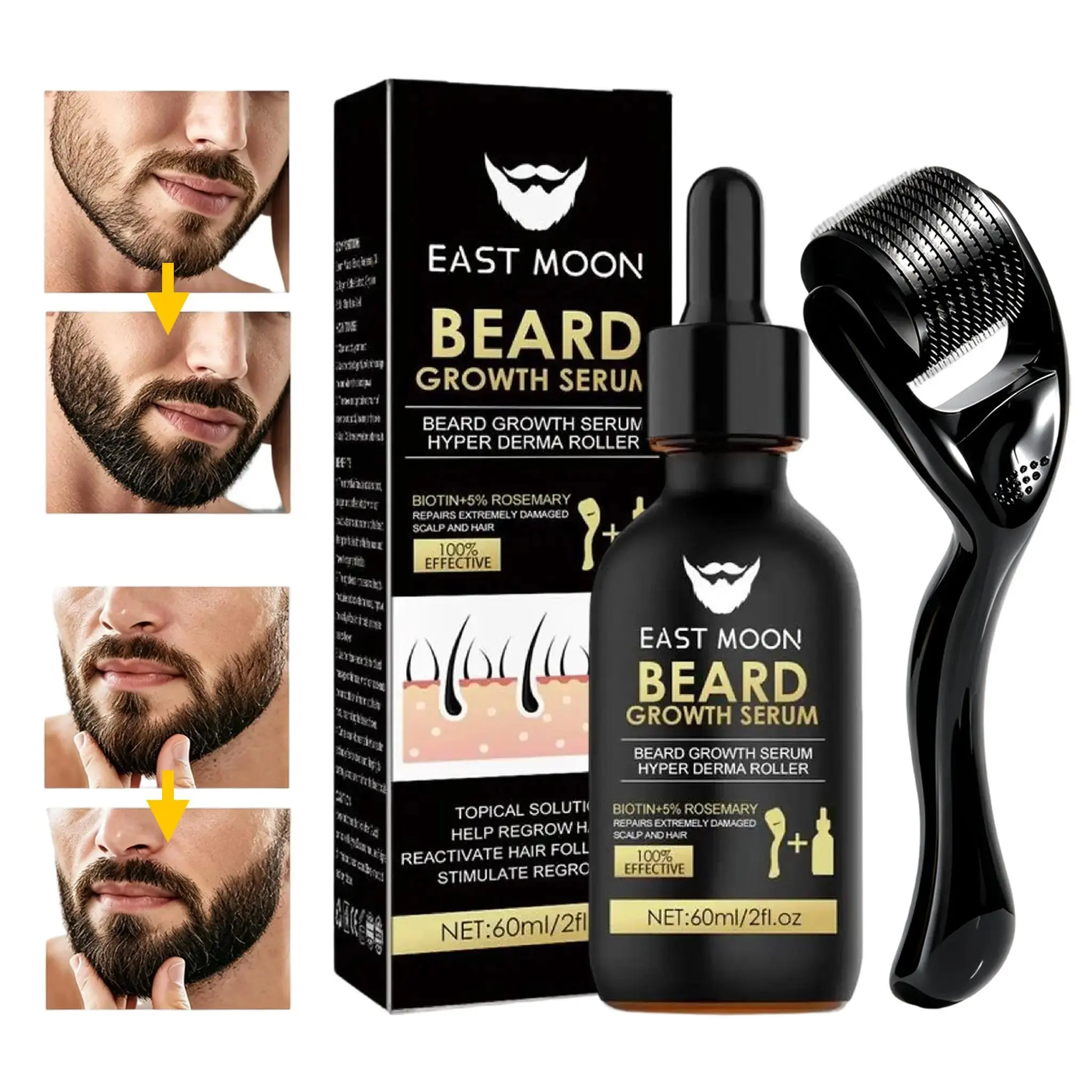 Men's Beard Growth Kit Sets - 60ml Growth Boost Serum, Pain-Free Roll Titanium Tip Derma Roller, Massager for Patchy Beards, Grooming Tools, Father's Day Holiday Gifts