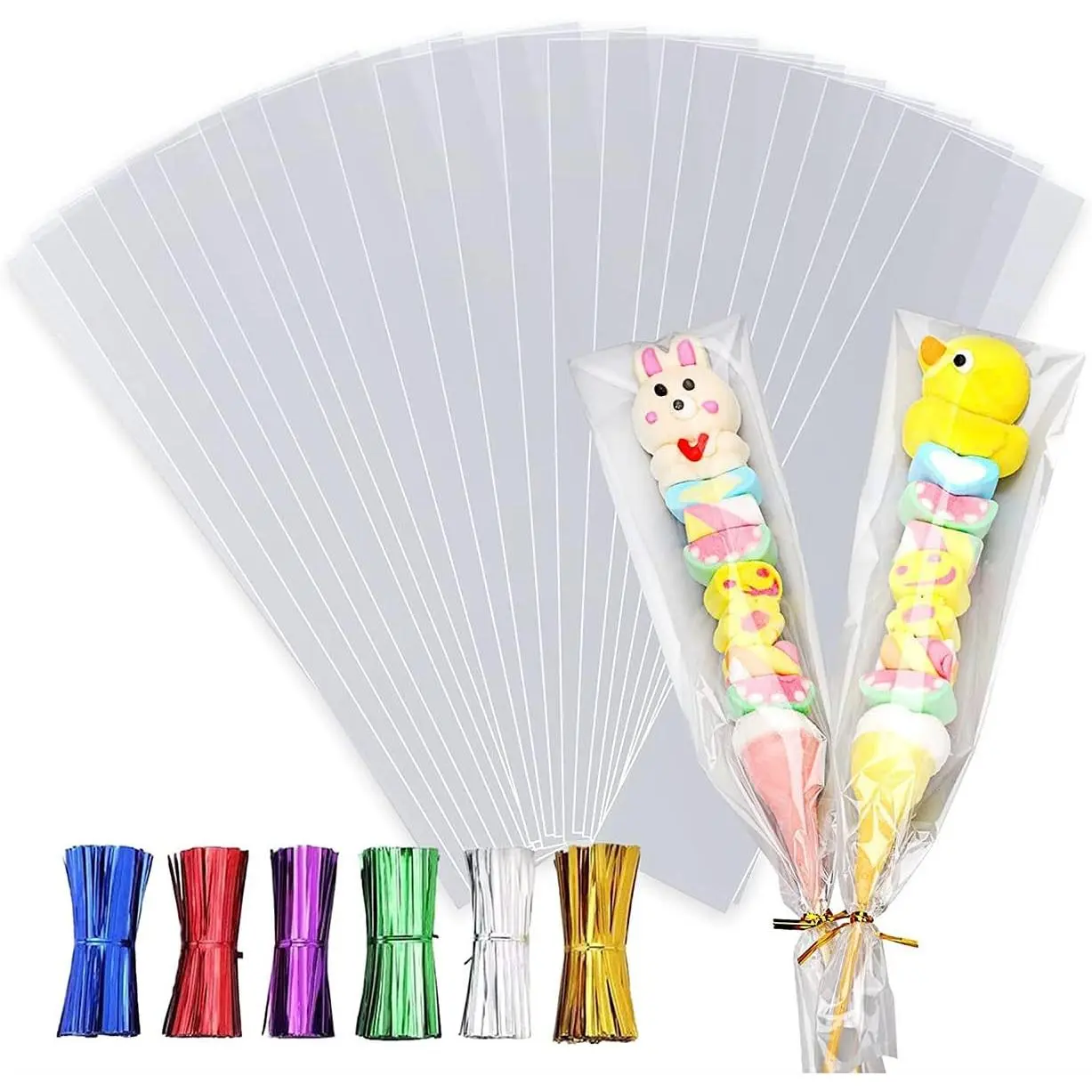 100Pcs Cellophane Treat Bags 3 X 11 Inch Clear Long Flat Gift Wrap Clear Pretzel Bags with 6 Mix Colors Twist Cake Pop Cello Goodie Treat Party Cookies Packaging