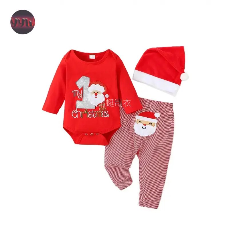 YYW1 3pcs Boy Baby Wear Knit Cotton Regular Cut Red Christmas Outfit - Santa/Snowflake/Snowman Prints, Long Sleeve Romper+Pants+Hat, Soft Warm, 0-2 Yrs Alphabet Print Fall Holiday Formal Set, Prop 65 Safe