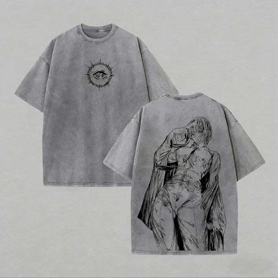 Retro Gray Washed Chainsaw Man Tshirt Front Thorn Ring Eye Emblem Back Confident Makima Line Art Graphic Tee Anime Streetwear Unisex Breathable Cotton Shirt For Weekend Hangout Travel