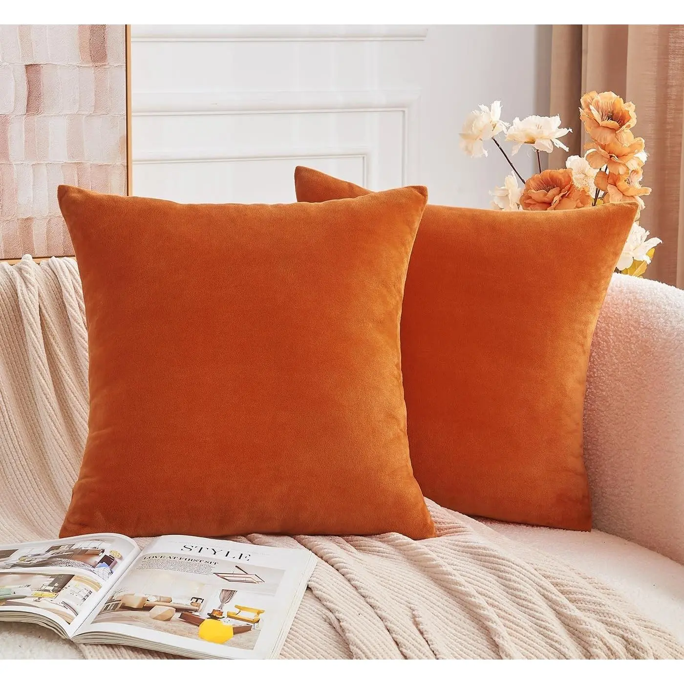 Throw Pillow Covers Burnt Orange Set of 2 18x18 Inch Fall Pillow Covers, Soft Velvet Farmhouse Neutral Decorative Pillowcases for Couch Sofa Bed, Home Boho Decor, Modern Cushion Covers